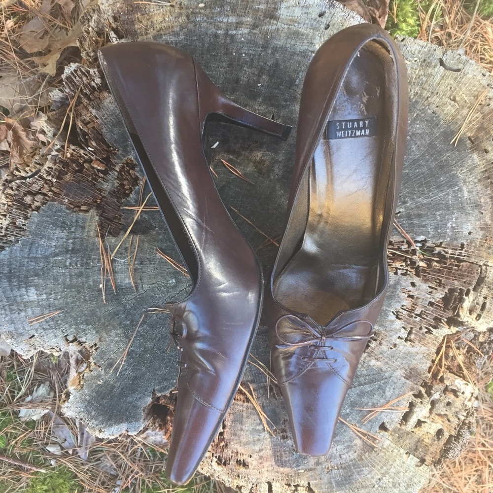 Stuart Weitzman 7.5 AA Pointy Square Modern Loafer Stiletto Heel Brown Lace Up